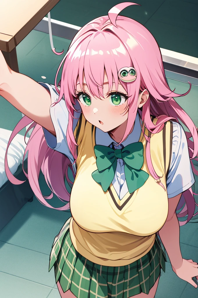 masterpiece, best quality, highres, aalala, long hair, ahoge, hair ornament, green eyes, breasts, , green bowtie, collared shirt, white shirt, sweater vest, yellow vest, short sleeves, plaid skirt, green skirt, huge breasts, from above,