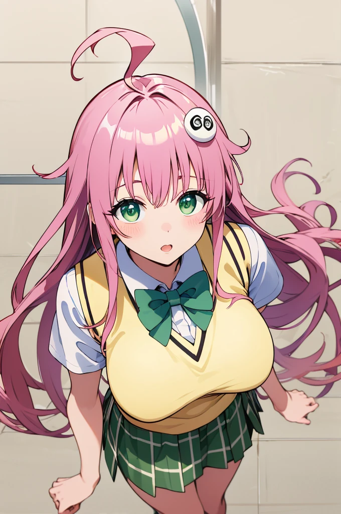 masterpiece, best quality, highres, aalala, long hair, ahoge, hair ornament, green eyes, breasts, , green bowtie, collared shirt, white shirt, sweater vest, yellow vest, short sleeves, plaid skirt, green skirt, huge breasts, from above,
