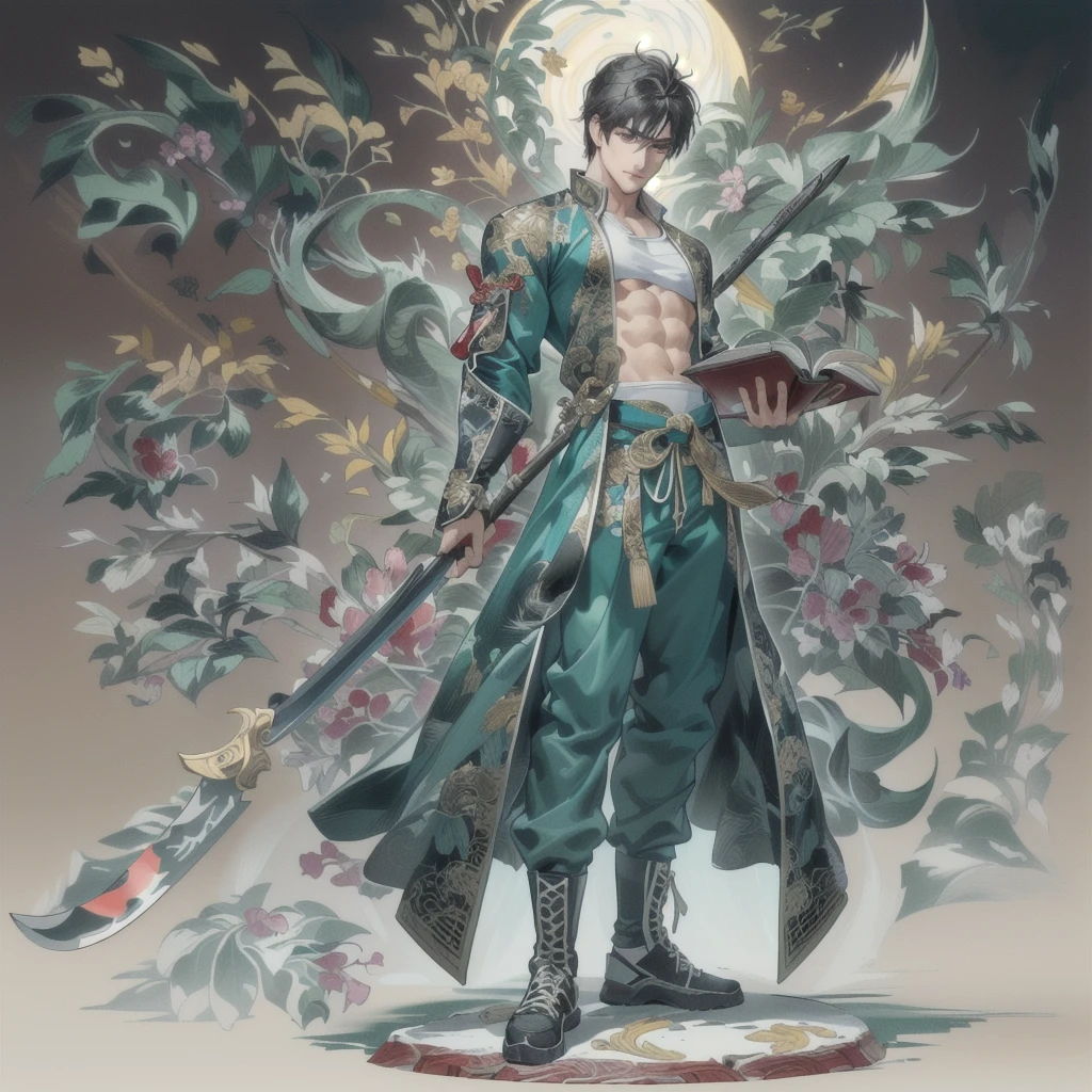 (Extremely complex and exquisite details,masterpiece,Highest quality,Full body picture of a strong, masculine and handsome man with short black hair,modern sportswear,Strong handsome masculine style,Holding a stick with a machete in his right hand,Holding book in left hand,Showing off muscles),correct anatomy,Very strong muscles,Exquisite Chinese dragon high contrast background,Broadsword