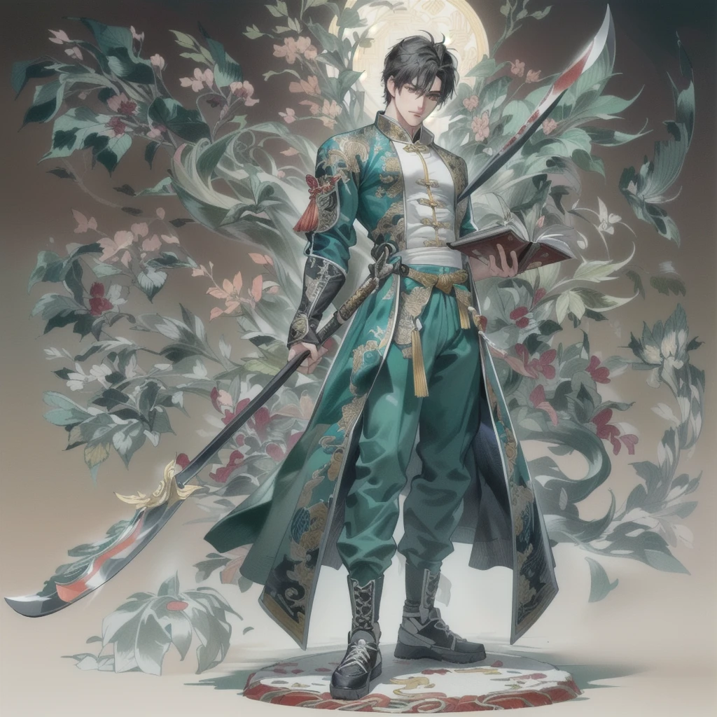 (Extremely complex and exquisite details，masterpiece，Highest quality，Full body picture of a strong, masculine and handsome man with short black hair，modern sportswear，Strong handsome masculine style，Holding a stick with a machete in his right hand，Holding book in left hand，Showing off muscles)，correct anatomy，Very strong muscles，Exquisite Chinese dragon high contrast background，Broadsword