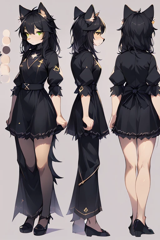 ( Absurdly , High quality , ultra detailed ) ,( hand detailed ) absurdres(highly detailed beautiful face and eyes)perfect anatomy, 1girl, solo, young (concept art, character sheet) (wolf fox) (10-year-old (female black wolf), (flat chest) (bright green eyes), ((black fur, extremely long black hair))) ((wolf girl yellow dress)) Fluffy anthropomorphic wolf fox, Fluffy wolf, wolf tail, Body fur, (detailed eyes) black wolf, yellow cute dress with ribbon, pure black fur, yellow dress, dark blue ribbon, short nose, short snout, cute face (concept art, character sheet) young girl kemono, knee length hair, adorable, cute shy posture, looking at viewer ((extremely detailed fur)) (extremely detailed eyes) calm (((concept art, character sheet, (multiple views)))) ((adventure clothing (cute dress))), bright green eyes, hair goes down to feet, extremely long hair, black fur, fluffy tail