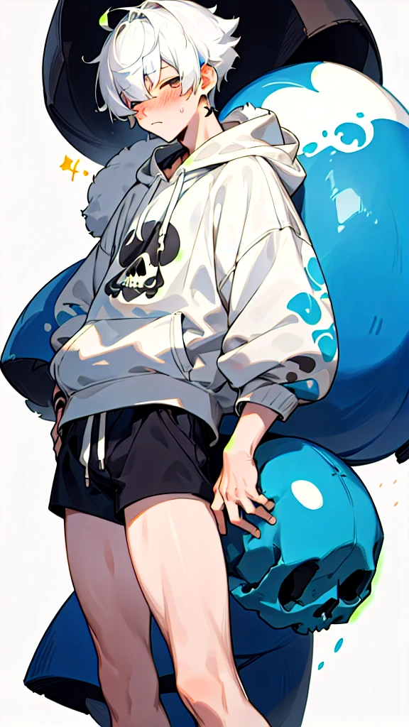 A boy with short hair, bangs that cover the eyes, fluffly, and blushed, de 16 anos, with a big, baggy sweatshirt with a skull print, wearing short shorts, and an effeminate male body Hair color black, medium dark blue, cor da pele, pale white