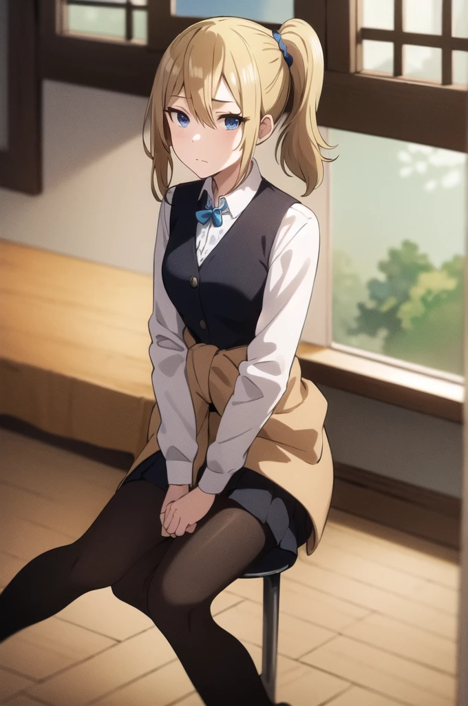 best quality, (masterpiece:1.2), detailed,
1girl, solo, expresionless, closed mouth,
blonde hair, blue eyes, side ponytail, scrunchie,
, cardigan around waist,
sitting, looking at the viewer,
classroom, window