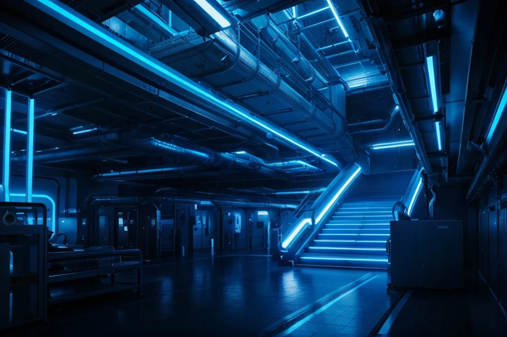 interior of a large laboratory, large interior space, science fiction energy installation, energy turbines, there are blue bars glow in the middle, tubes, cables, stairs, blue tones, blue colors, 4k, Ultra detailed image, realistic, Highly detailed, perfect composition, gorgeous, Intricately detailed, incredibly detailed, Art photography 8K, hyper detailed, Masterpiece, Ultra detailed, hyper realistic, 4k, Ultra detailed image, realistic, Highly detailed, perfect composition, beautiful, intricately detailed, incredibly detailed, art photography 8k, hyper detailed, masterpiece