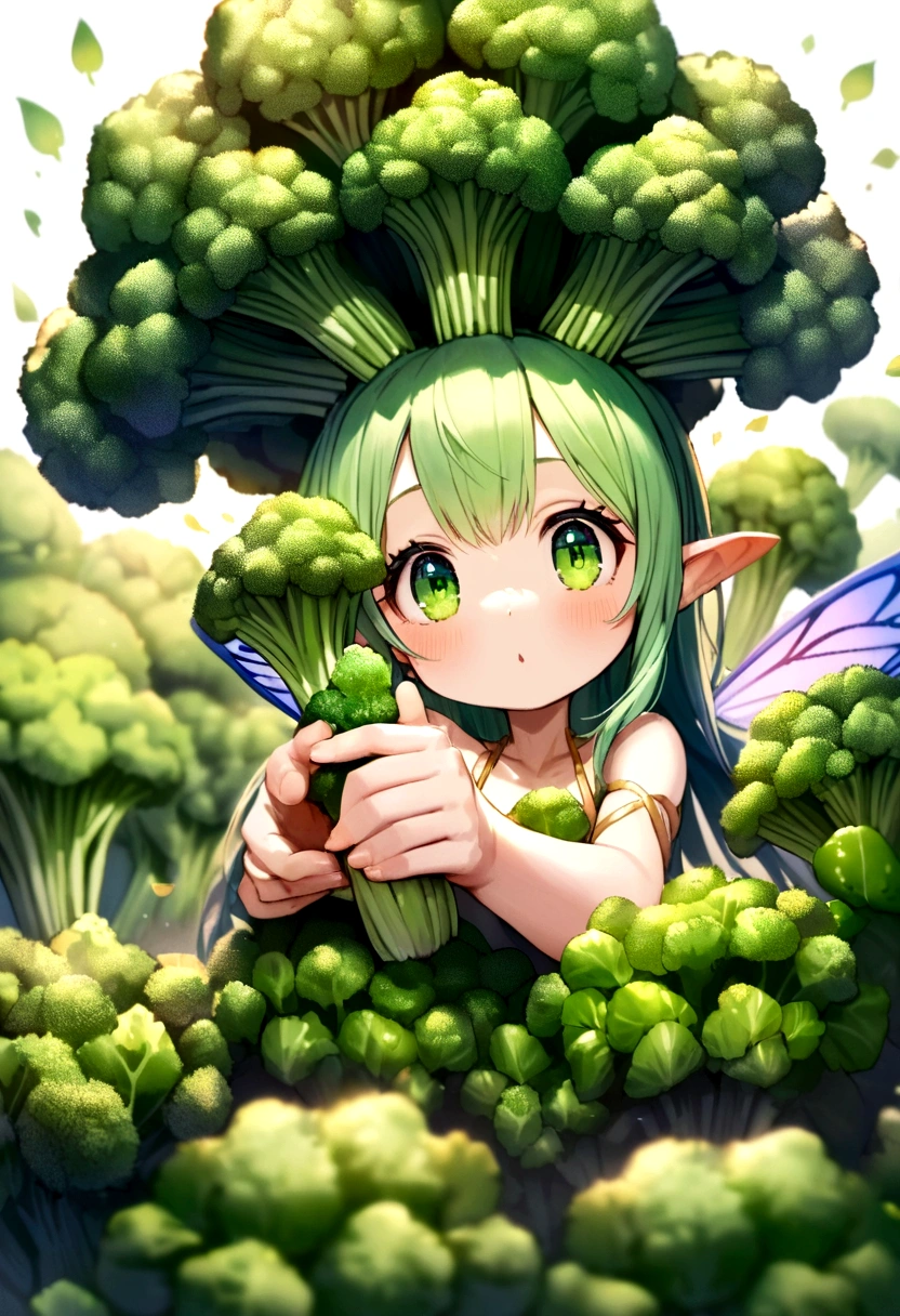 a cute fairy flying over a pile of Broccolis, holding one Broccoli on her hand
