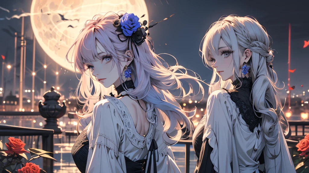 The work of a hyperrealist artist, Her details are lovingly painted,1 female, mature beautiful woman,alone, Long wavy gray hair, gray hair, bangs,fluffy hair,white cat ears,Odd-eyed purple and pink eyes, long eyelashes, thick eyelashes, closed mouth,Gothic Lolita fashion based on noble black、gothic dress,gorgeous dress, (long sleeve:1.2),Delicate lace and ribbon、elegant decoration、A black bonnet and a purple rose on my head,whole body,particles of light, soft lighting, volume lighting, intricate details, finely, dramatic, cinematic, highest quality, masterpiece, looking at the viewer, The background is a purple bright wallpaper with a moon, Abundant light,rays of moonlight,from behind,