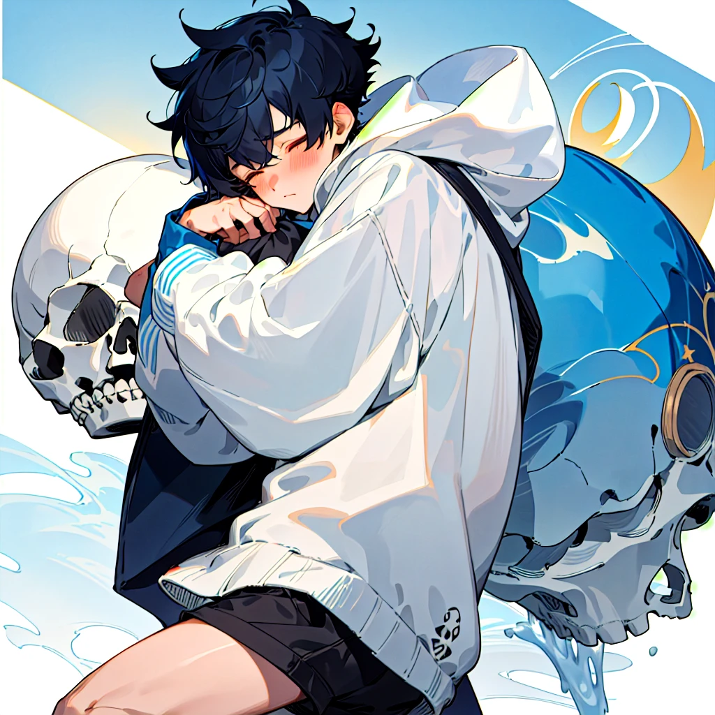 A boy with short hair, bangs that cover the eyes, fluffly, and blushed, de , with a big, baggy sweatshirt with a skull print, wearing short shorts, and an effeminate male body with black, dark blue hair, cor da pele, pale white
