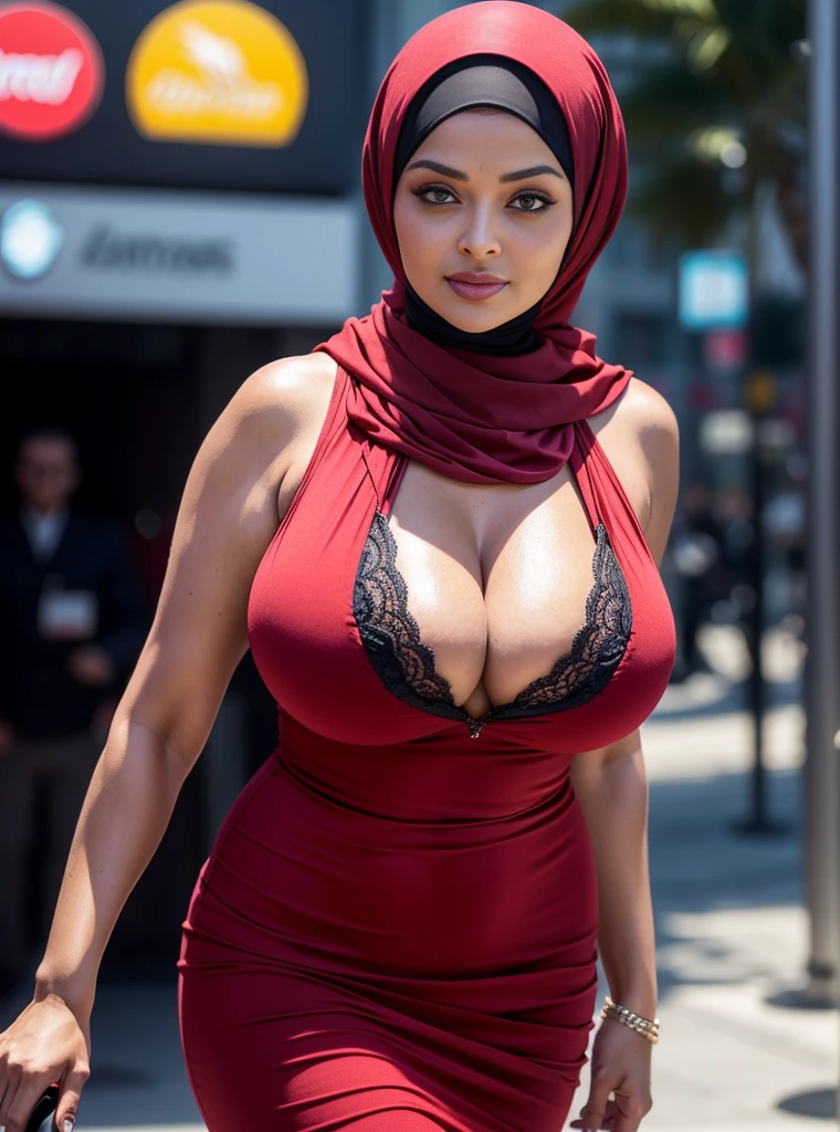 50yo MILF Aarya rai as corporate lady, RED mini string dress showing massive cleavage, ress)), high platform heels, athletic healthy mature curvaceous igure, ((wearing h)), (((big breasts with cleavage))) pose in cannes rt, day scene, hourglass figure, seductive face, look at camera and teasing, erotic smirking adult face, 50 yo, soft volumetghts, intricate details, (ArtStation:1.2)