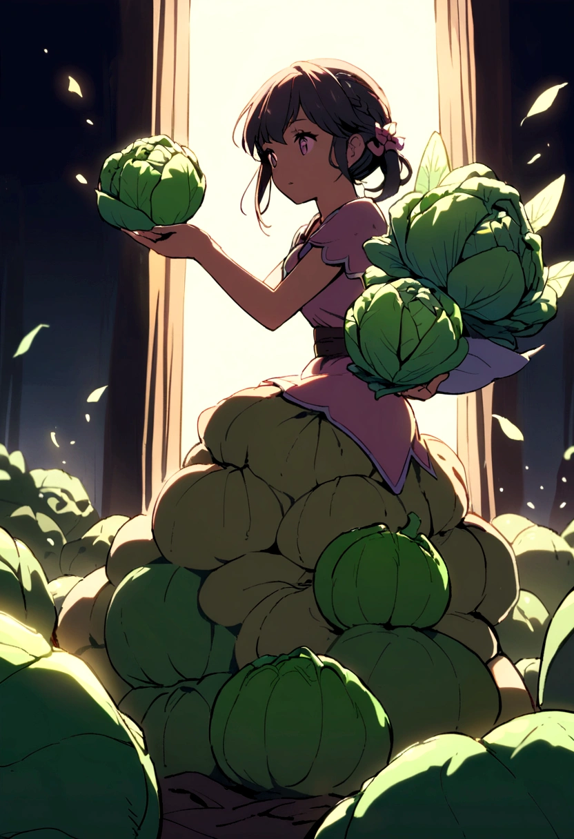 a fairy flying over a pile of cabbages, holding one cabbage on her hand