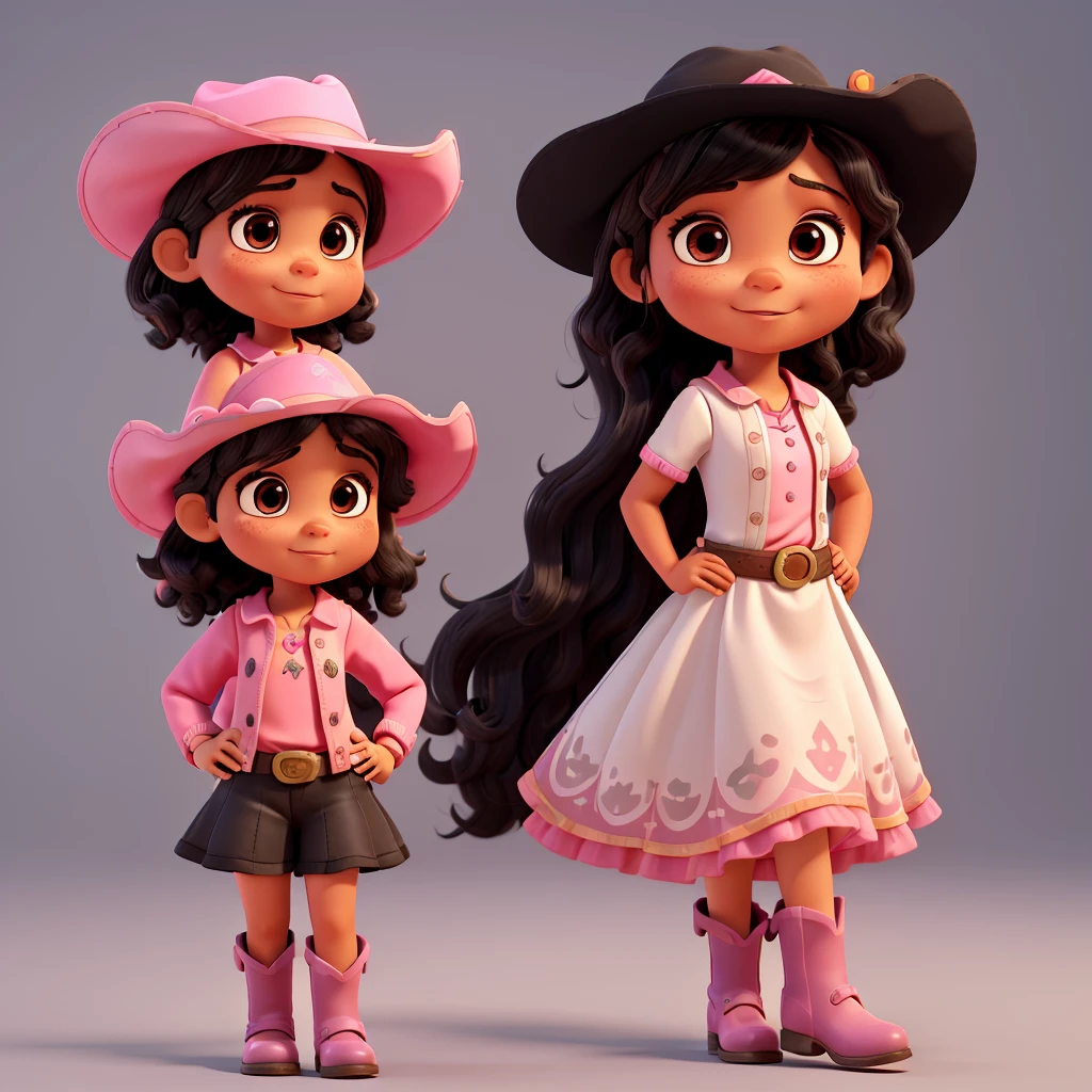 3d pixar image of 5  brown girl, with short black wavy hair, bright black medium eyes Godinho and slanted, dressed in cowgirl outfit and pink hat riding on a white horse full image and with pink and black boots for mascots 