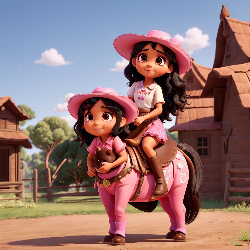 3d pixar image of 5 year old brown girl, with short black wavy hair, bright black medium eyes Godinho and slanted, dressed in cowgirl outfit and pink hat riding on a white horse full image and with pink and black boots for mascots