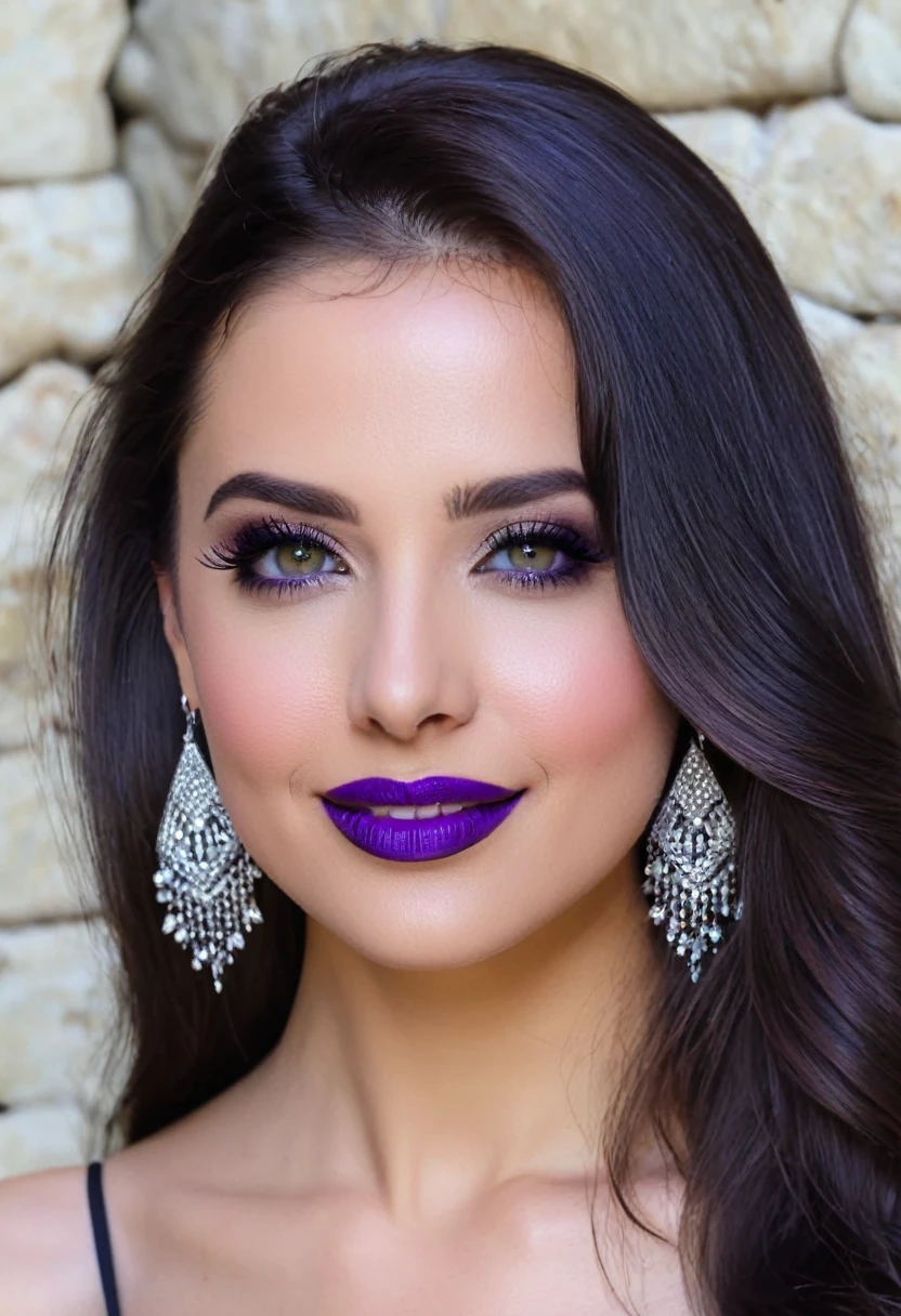 a beautiful brunette woman with long hair, wearing purple lipstick and black eyeshadow posing for the camera, looking straight into it, she has an elegant demeanor, she is standing in front of a stone wall, her face looks natural and realistic, she's wearing casual , she wears diamond earrings, her eyes have amazing color, her skin tone appears very fair, her makeup look good, she also smiles gently to show off her teeth