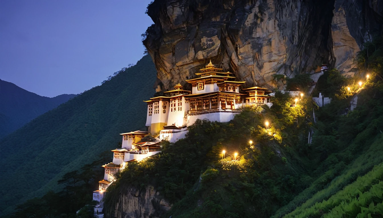 buddhist monastery, in a mountainous area, side view, the night, illuminated by candles