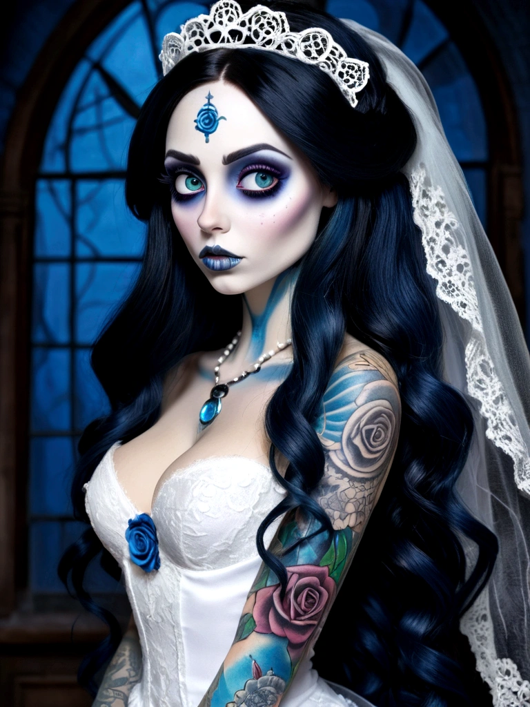 Create a hyper detailed photograph of a corpse bride tattooed young sexy Emily the Corpse Bride, Stunningly perfect gorgeous face, perfect makeup, detailed vibrant eyes, long hair, beautiful perfect, perfect beautiful perfect arms, realistic torso, Emily corpse bride detailed skin, big breast, perfect round ass, corpse bride sexy seductive white lace lingerie dress, back to camera looking forward,