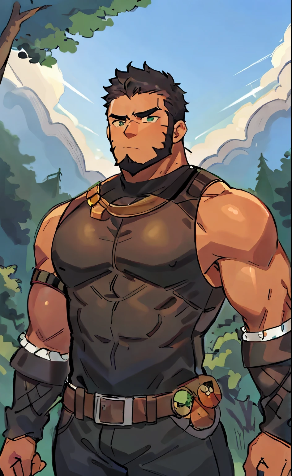 Masterpiece, Best Quality, 1man, solo, big, stud, muscular, bara, black skin, tanned skin, black, dark skin, black hair, very short hair, military cut hair, black beard, full beard, green eyes, 36 years old, wearing armor, sleeveless, serious expression, cowboy shot, forest background