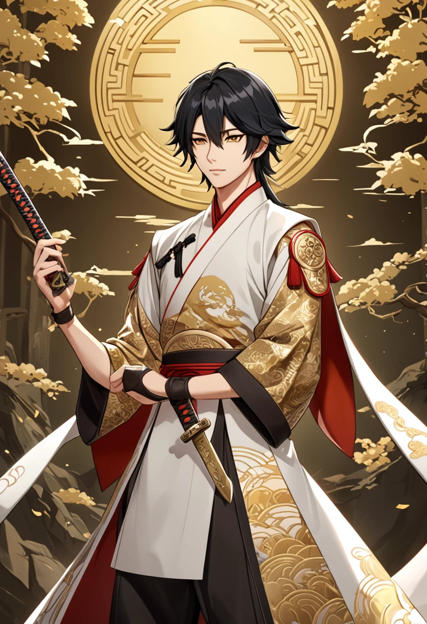 ((Highest quality)), ((masterpiece)), (detailed), ((Perfect Face))、noah, boy, Black Hair、Golden Eyes、 He was wearing a presenter-style outfit, mainly white...、Sword in hand。chinese style clothing、Contains intricate patterns and textures。 The color scheme is based on white and gold...、キャラクターのdetailedな陰影、chinese style clothing 背景: The background has the atmosphere of a wilderness battlefield.、キャラクターのdetailedを強調するように設計。 Anime Style、Characterized by delicate lines and soft shadows.。Realistic yet stylish.、Subtle gradients and textures are used。 The characters exude a calm and relaxed atmosphere...、It gives a slightly mysterious and fantastical impression...。