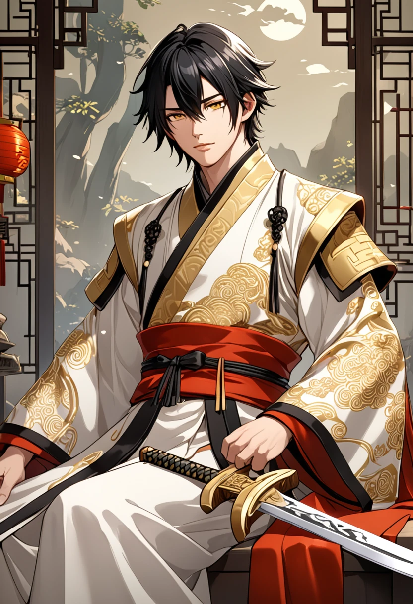 ((Highest quality)), ((masterpiece)), (detailed), ((Perfect Face))、noah, boy, Black Hair、Golden Eyes、 He was wearing a presenter-style outfit, mainly white...、Sword in hand。chinese style clothing、Contains intricate patterns and textures。 The color scheme is based on white and gold...、キャラクターのdetailedな陰影、chinese style clothing 背景: The background has the atmosphere of a wilderness battlefield.、キャラクターのdetailedを強調するように設計。 Anime Style、Characterized by delicate lines and soft shadows.。Realistic yet stylish.、Subtle gradients and textures are used。 The characters exude a calm and relaxed atmosphere...、It gives a slightly mysterious and fantastical impression...。