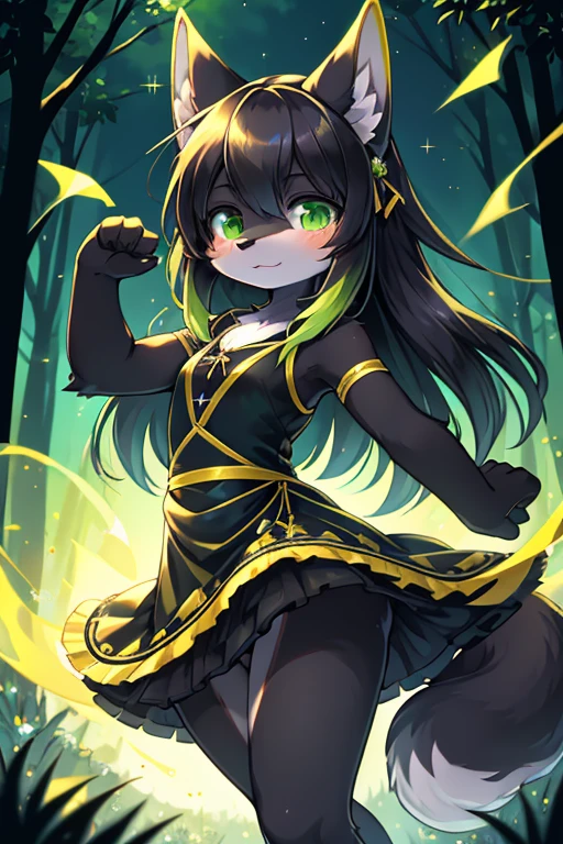 ( Absurdly , High quality , ultra detailed ) ,( hand detailed ) absurdres(highly detailed beautiful face and eyes)perfect anatomy, 1girl, solo, young, (wolf fox) (10-year-old (female black wolf), (flat chest) (bright green eyes), ((black fur, extremely long black hair))) ((wolf girl yellow dress)) Fluffy anthropomorphic wolf fox, Fluffy wolf, wolf tail, Body fur, (detailed eyes) black wolf, yellow cute dress with blue ribbon, pure black fur, yellow dress, dark blue ribbon, short nose, short snout, cute face, young kemono, knee length hair, adorable, cute, looking at viewer ((extremely detailed fur)) (extremely detailed eyes) calm ((adventure clothing (cute dress))), bright green eyes, hair goes down to feet, extremely long hair barefoot, (controlling green fire), sparkles, bright green flames, beautiful background, bright forest background, sunset, yellow dress, dancing