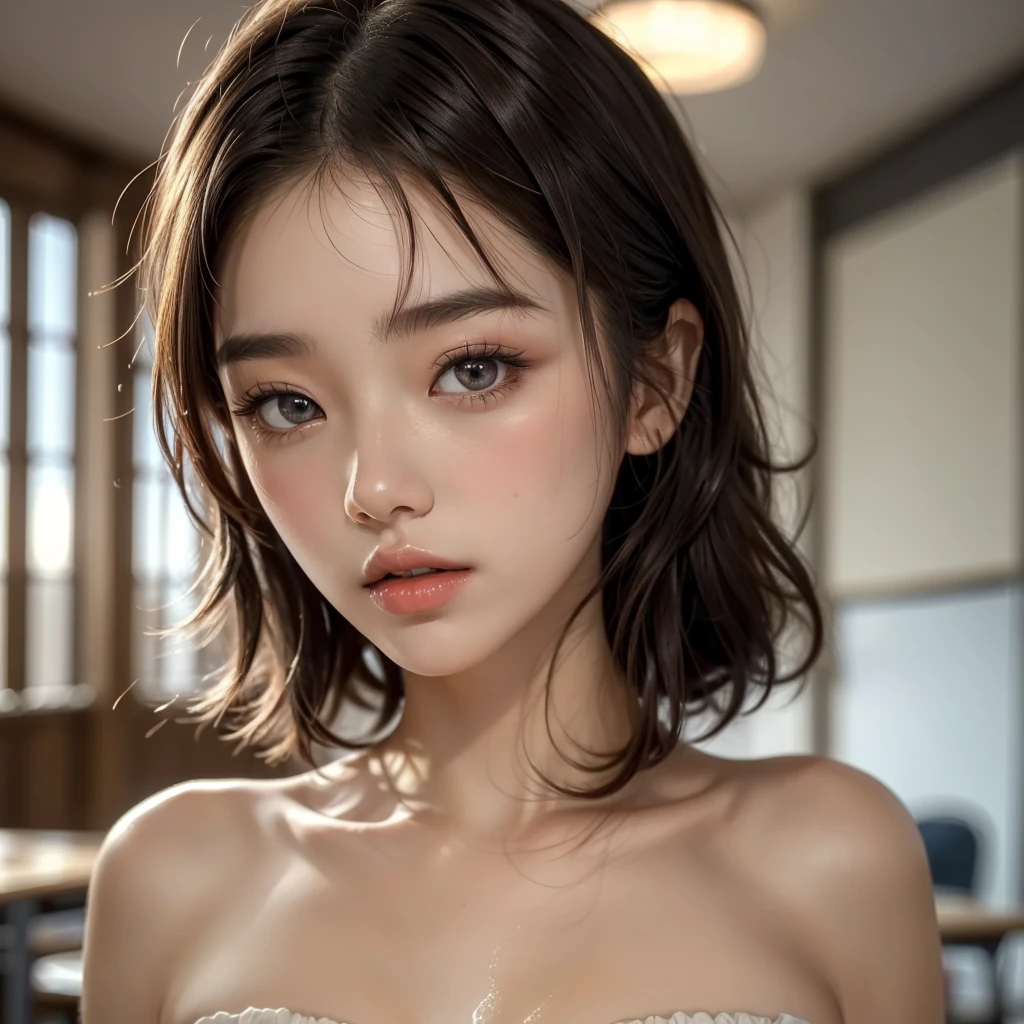 8K,((Highest quality)), ((masterpiece)),BREAK,(((one girl:2.0))), (detailed),((in the classroom)), ((One girl)), ((nude)),((13 years old)),((flat chest:1.5)), (stare at viewer with stern eyes:1.5),((one girl)),(bitting own lip:1.1),(angry:0.9),nose blush,(shamefull:1.2),(bob cut hair),surprised, ((beautiful realistic face)),((A bow tie)),Beautiful Korean Women, Beautiful young Korean woman, Young and adorable Korean face, Gorgeous Young Korean Woman, Korean Girls, Girl cute beautiful face, Portraits of Korean female idols, Young and pretty Asian face, Cute natural anime face,Asian pretty face,((finely detailed face)),((glistening eyes)),((glistening eyes )),((large eyes)),(( pretty eyes)) ,(detailed),Perfect Face,((One girl)), ((clear eyes)),((show nipples)),((beautiful skin)),BREAK,((show nipples)),(upper body)