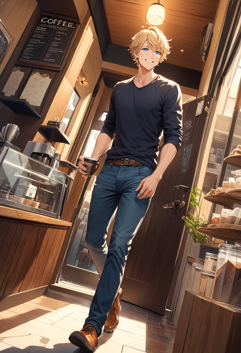 detailed illustration ,dynamic angle, ultra-detailed, detailed eyes, detailed face, 1man, blonde, tall, blue eyes, door, walking in, coffee shop, smiling