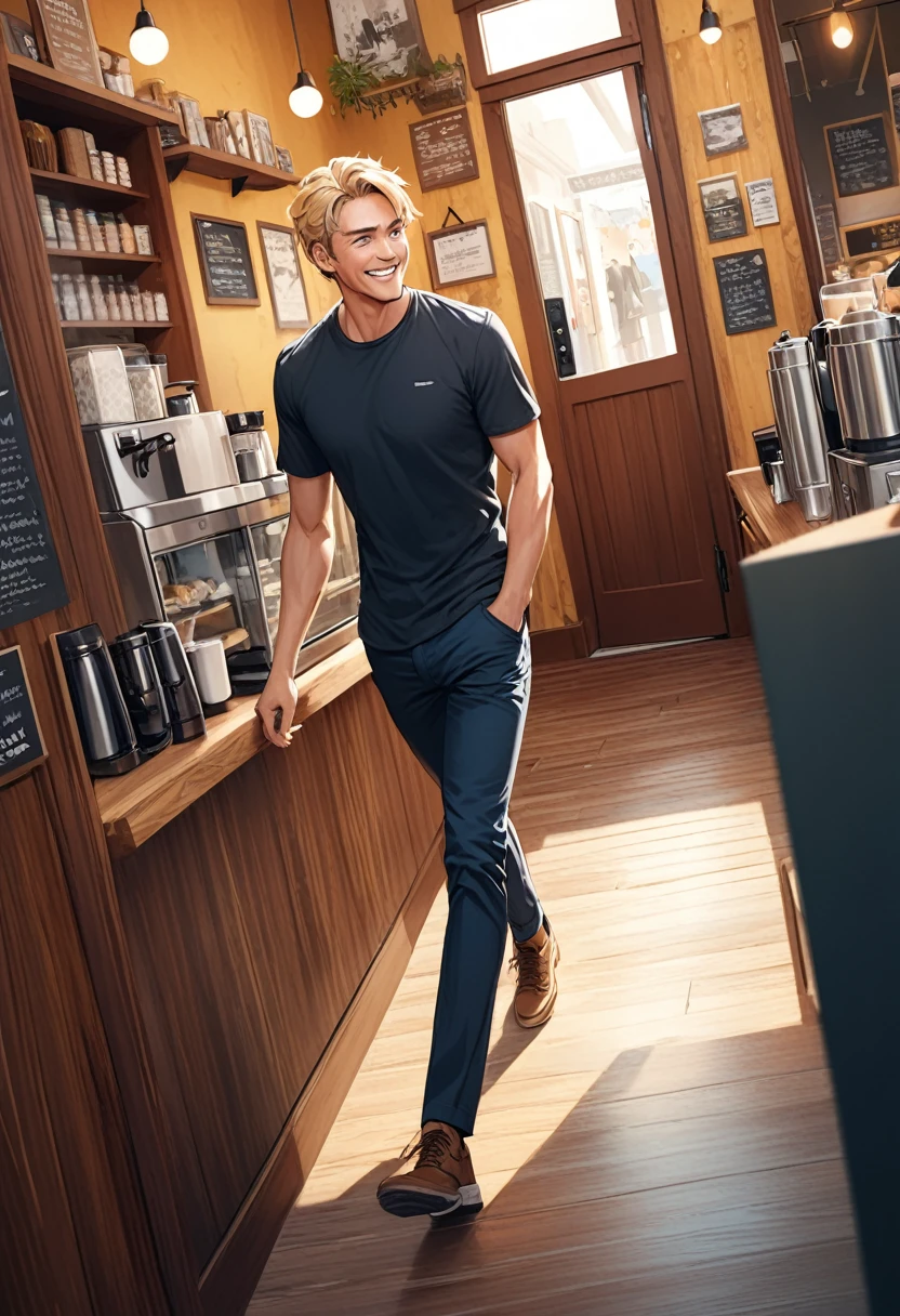 detailed illustration ,dynamic angle, ultra-detailed, detailed eyes, detailed face, 1man, blonde, tall, blue eyes, door, walking in, coffee shop, smiling