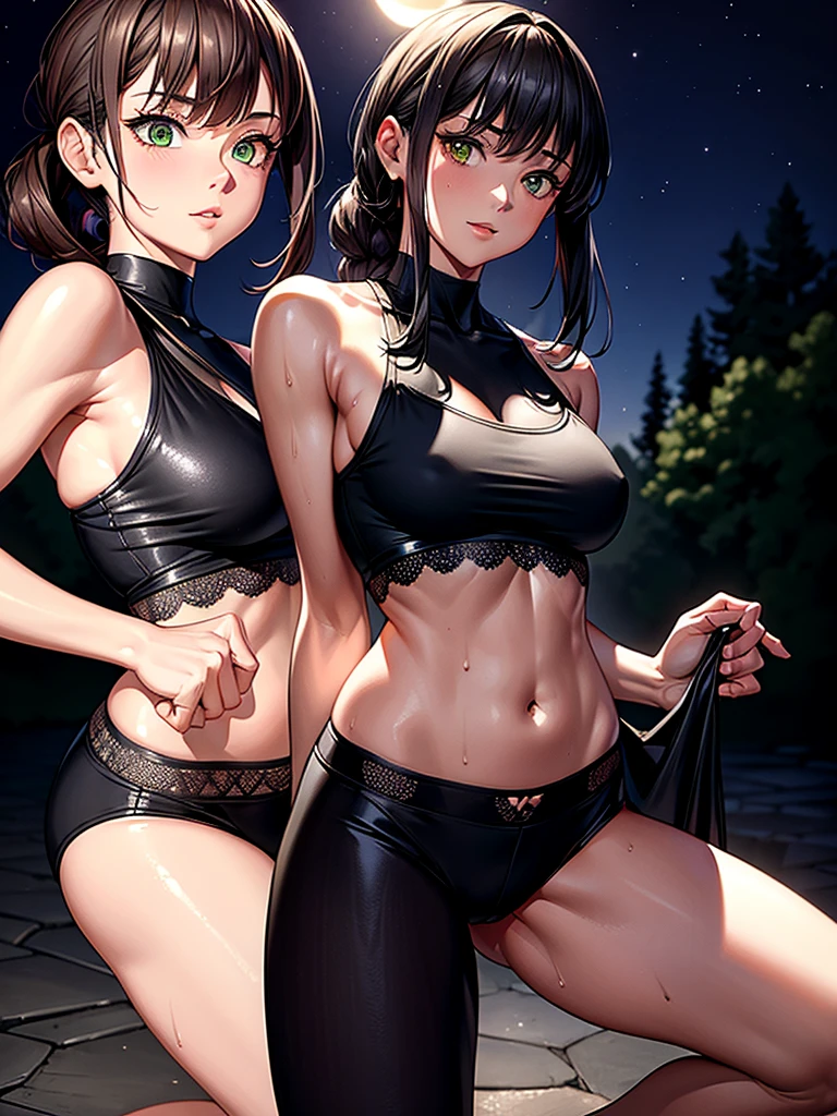 (masterpiece, detailed shadow's, detailed background, detailed background, smooth lighting,extreme detailed background, ultra-detailed;1.6), best quality, expressive detailed shiny dark green eyes:1.6, perfect face:1.7, short thight hot pants, showing tong, wearing thigt small wet top, underboobs:1.5, sweating after exercise, expressive make up,in park at night, moon light, night sky, hot summer night