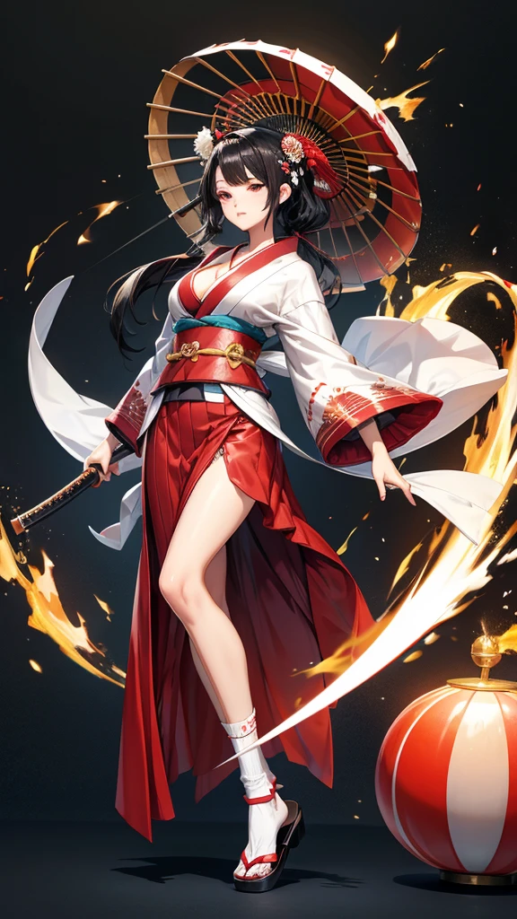 Black hair geisha hairstyle adult women，kimono，cleavage，long skirt，Bare Legs，White socks，Straw sandals，Samurai sword，japanese town