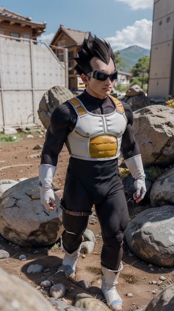 ((masutepiece:1.4, Best Quality)), ((masutepiece, Best Quality,8K)), (photographrealistic:1.4), (Cowboy Shot, Solo, Male Focus, 1boy, Vegeta, Serious, Looking at Viewer, Black spiked hair, Black eyes, armor, Enamel Bodysuit, White Gloves), (rocky ground, Rocky mountain, skyporn), Professional Lighting, Physically-based rendering(((sayan armor white, wearing   scouter sayajin )))(((black hair,spik hair))).