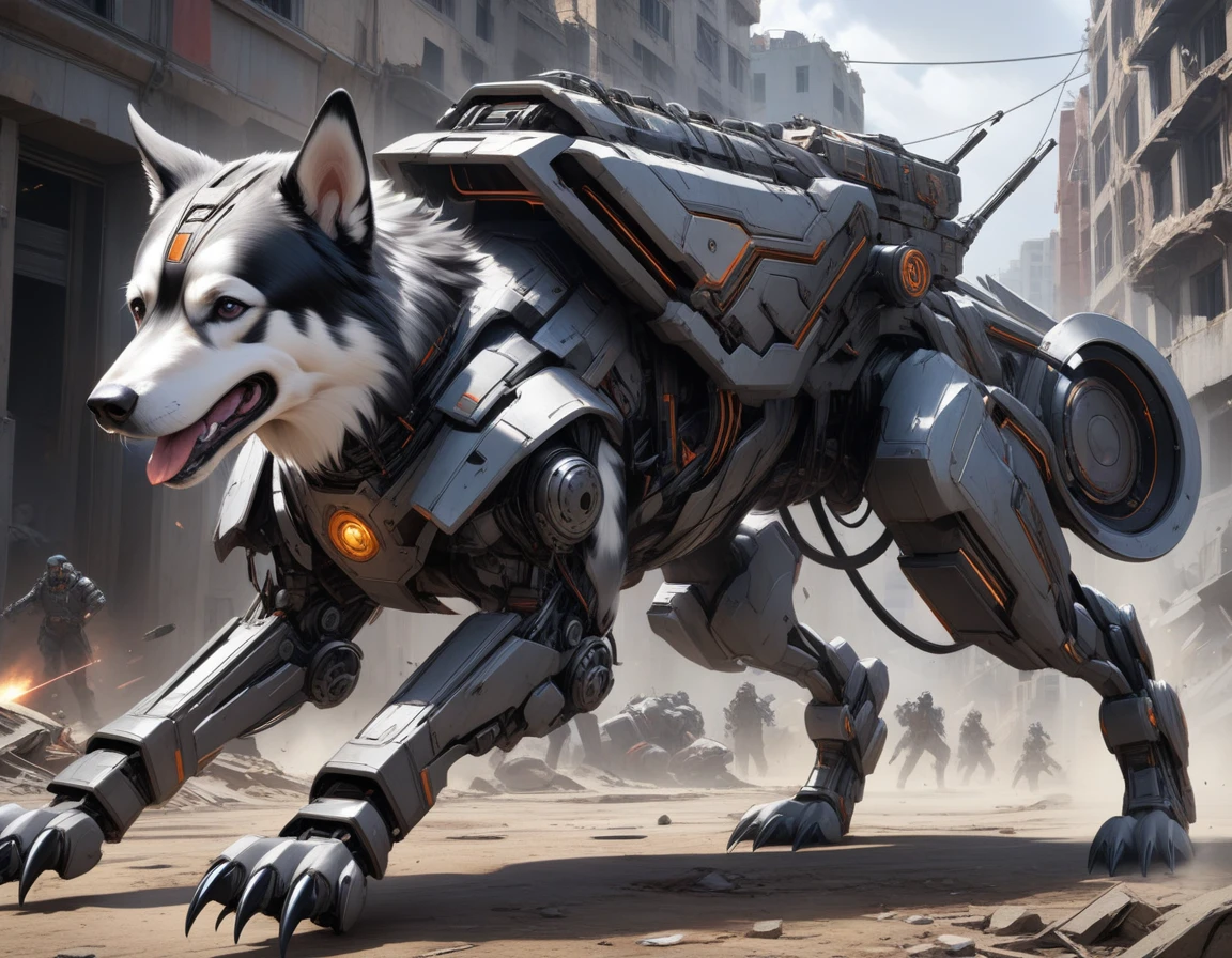 Ultra-realism, ((Masterpiece)), ((Best Quality)), (Very Detailed), ((Very Detailed)), 4K, (8K), very aesthetic, absurdres highres, Create highly textured mechanical dog artwork. This dog has a metallic sheen and realistic texture and is constructed with detailed mechanical elements. The colors are metallic gray and silver, with hints of rust, giving it an aged but advanced technological look. The background is simple and focuses on the intricacy and craftsmanship of the dog design, Design a combat-ready cybernetic dog equipped with powerful weapons, situated in an outdoor battlefield. The dog should have missile launchers on its back, laser guns on its front legs, and a shield on its shoulders. It should be slashing at enemies with its sharp claws while advancing and delivering powerful attacks. The background should depict a war-torn battlefield with destroyed buildings, action pose, dynamic angle, stylish look

