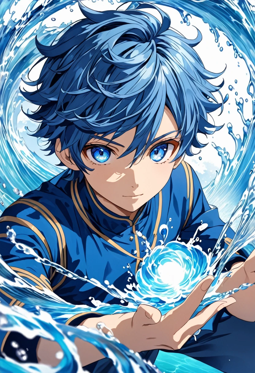 anime model, blue short wavy hair boy, blue colored eyes, water element powers, work of art.