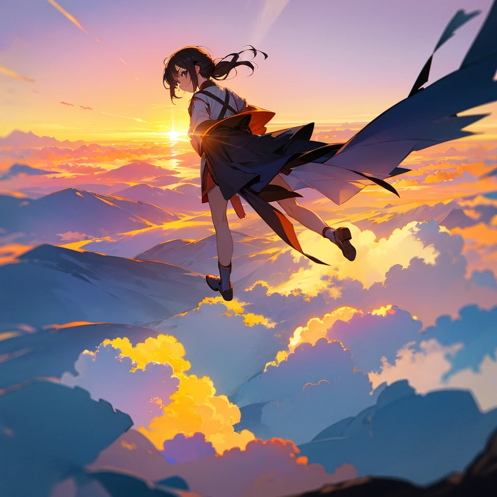 A girl soars above the clouds and looks at the setting sun, view from behind the back in the sun, Girl looking at the sunset