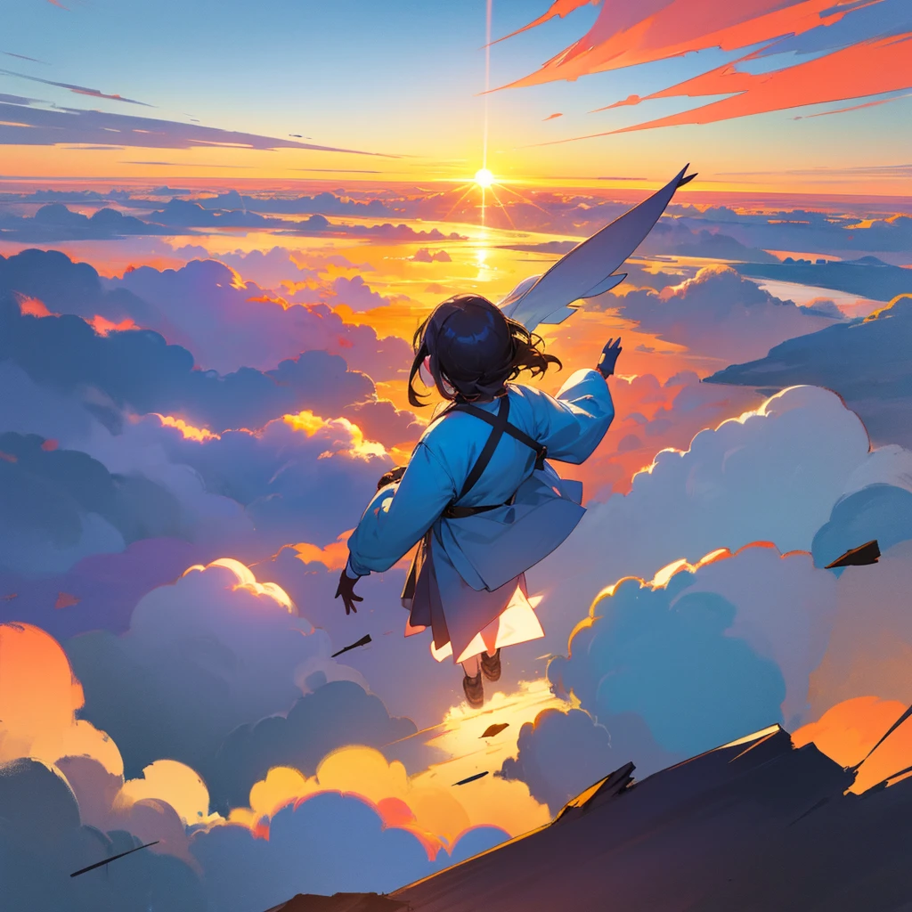 A girl soars above the clouds and looks at the setting sun, view from behind the back in the sun, Girl looking at the sunset