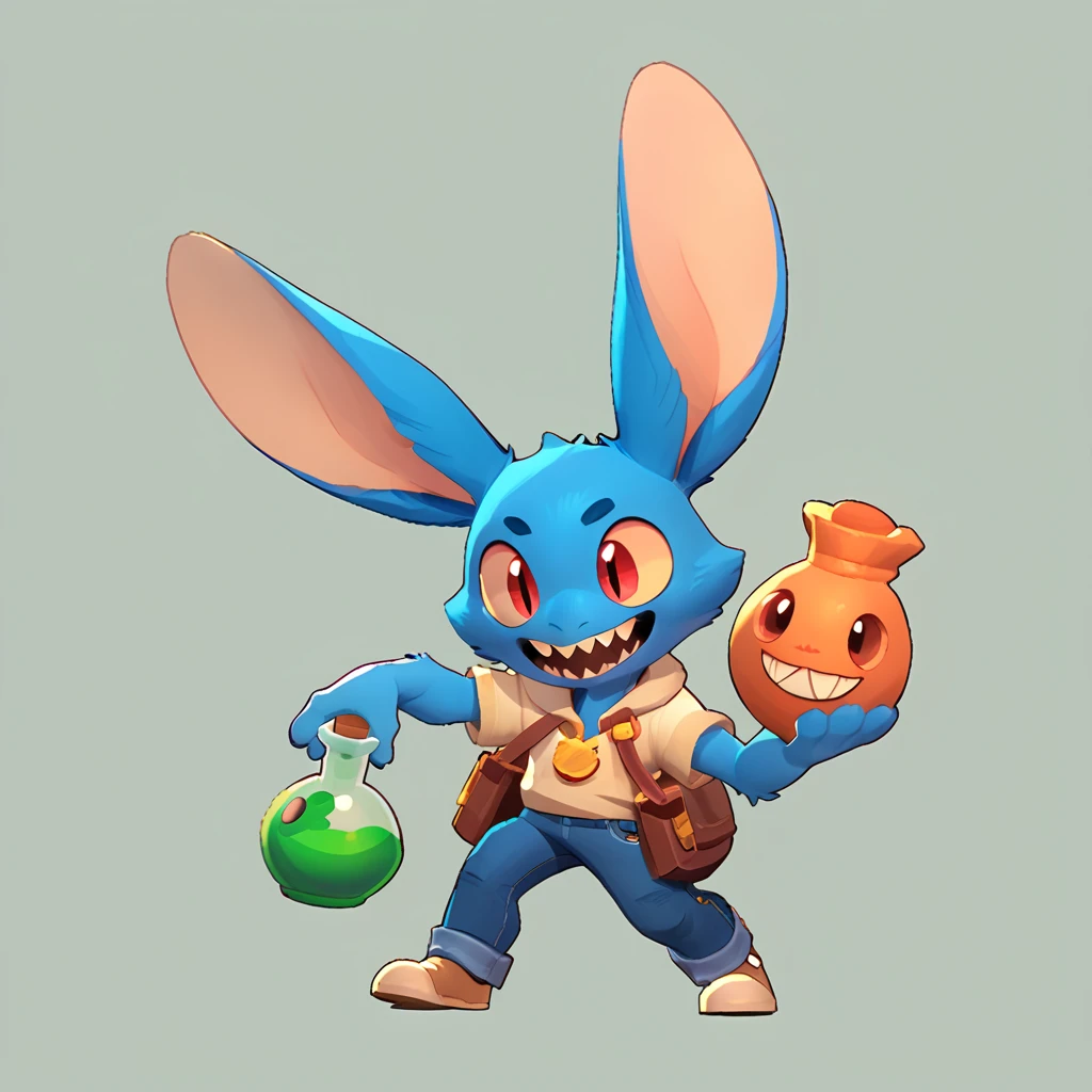 Full body view from a round creature with blue fur, male, long ears, smiling, sharp teeth, wearing jeans, friendly round creature, holding a green potion in his hand