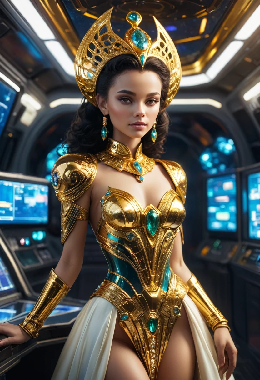 (whole body), extraterrestrial alien female similar to Lihö-Minaa princess of the people of the planet mül , ((dressed in a short evening dress, set with shining gold, precious colored stones and diamonds)), (It is located in the space station control center),Intricate details of the high quality machine), cinematic style, absolute sharpness, 8k image.(Masterpiece).wallpapers, ultra detailed.