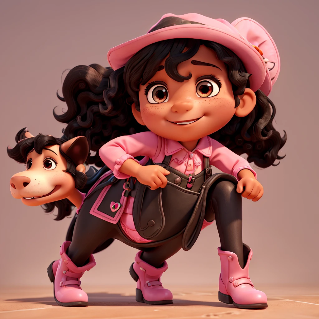 3d pixar image of 5 year old brown girl, with short black wavy hair, shiny black medium eyes , dressed in cowgirl outfit and pink hat riding on a white horse full image and with pink and black boots