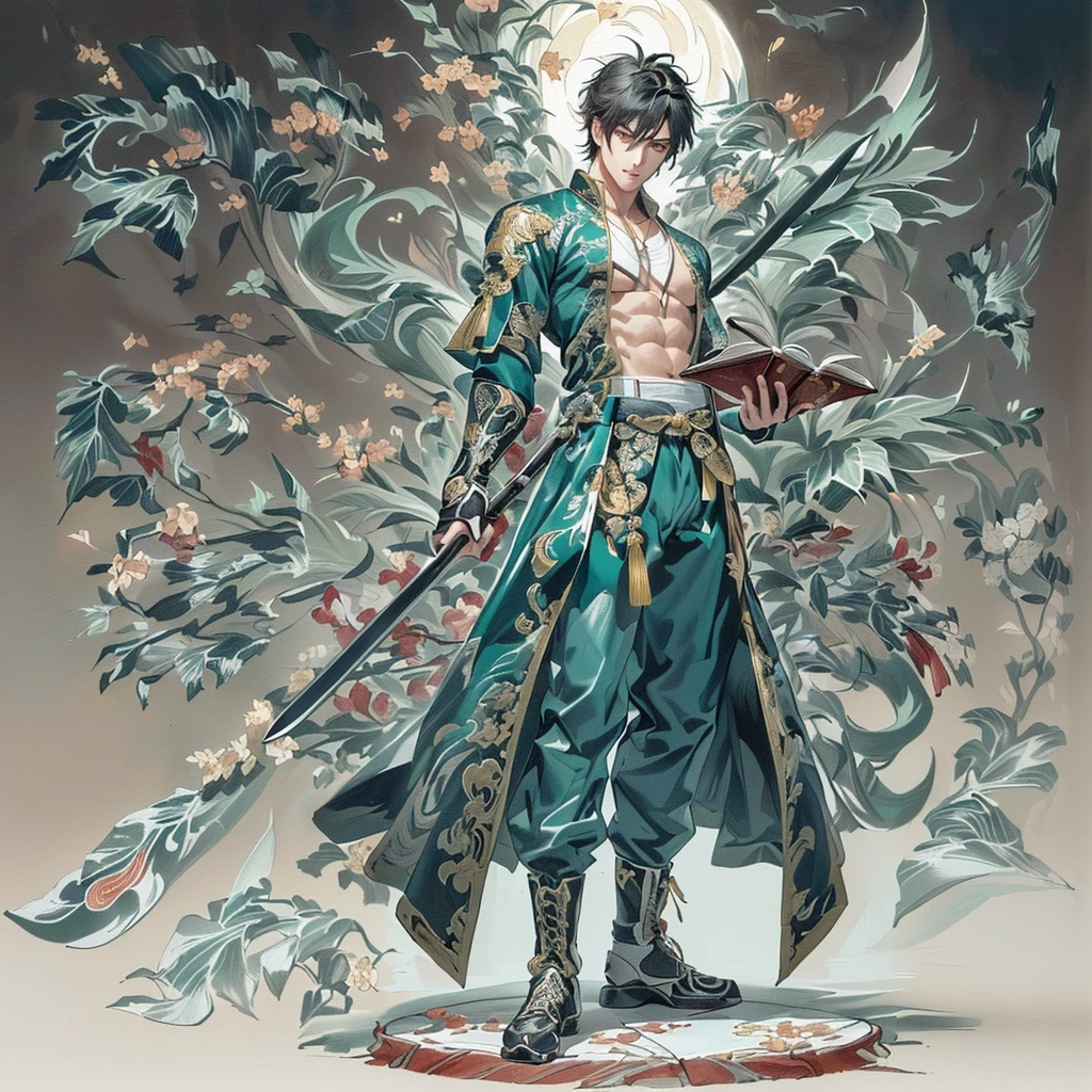 (Extremely complex and exquisite details,masterpiece,Highest quality,Full body picture of a strong, masculine and handsome man with short black hair,modern sportswear,Strong handsome masculine style,Holding a stick with a machete in his right hand,Holding book in left hand,Showing off muscles),correct anatomy,Very strong muscles,Exquisite Chinese dragon high contrast background,Broadsword