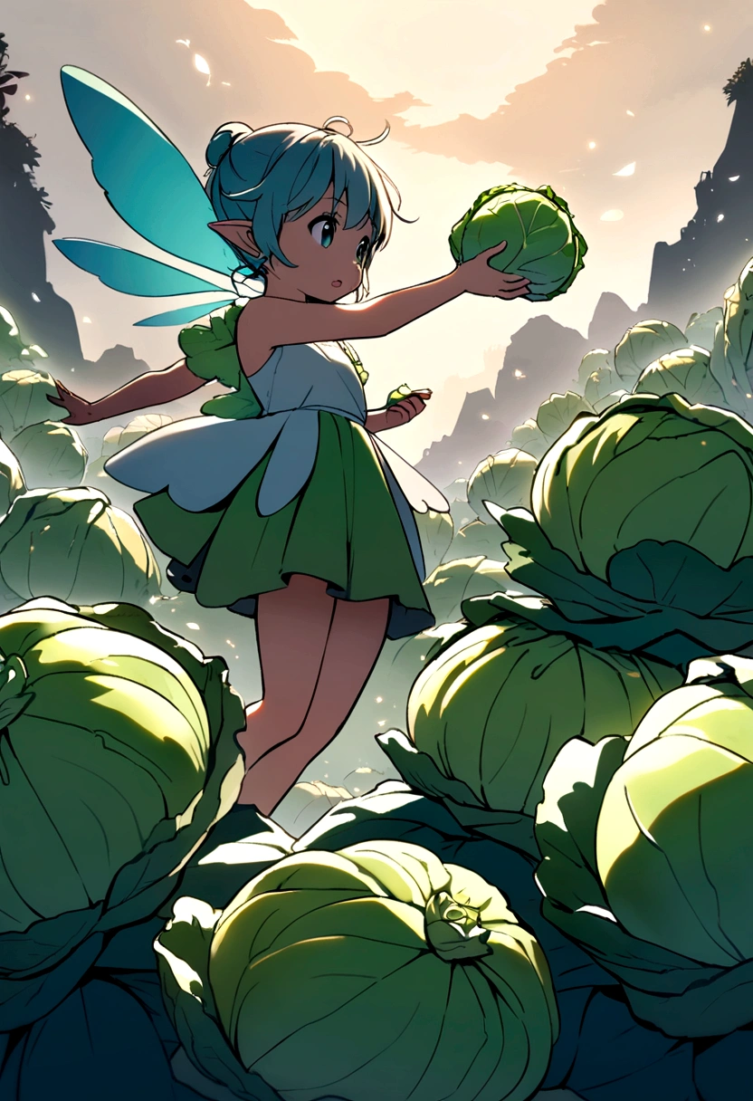 a cute fairy flying over a pile of cabbages, holding one cabbage on her hand