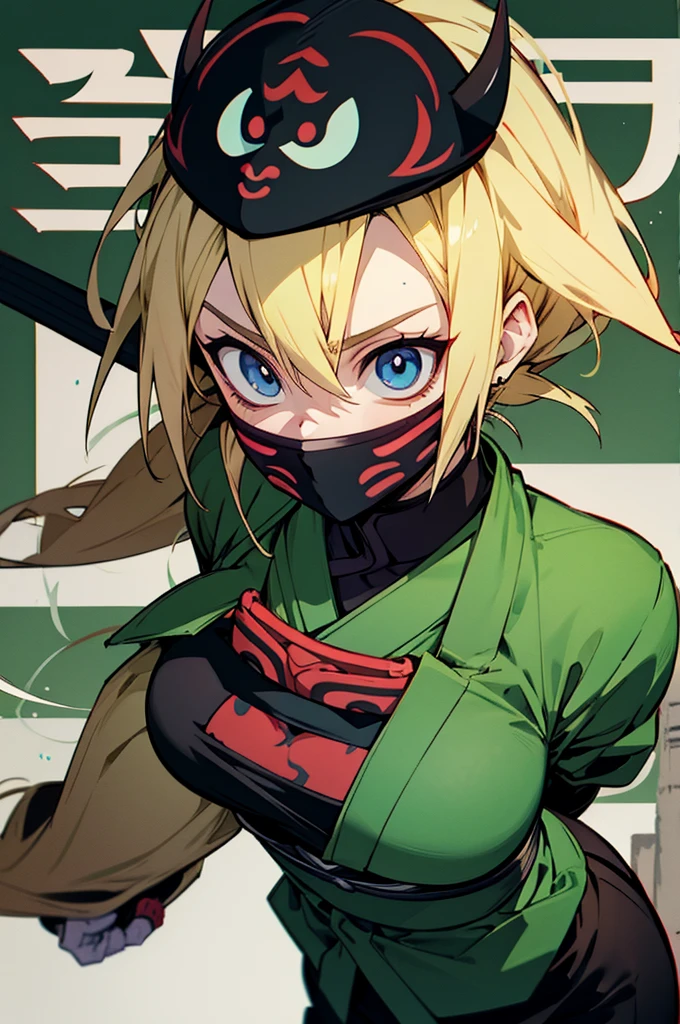 demon slayer outfit, female, blonde hair,ninja mask cover mouth, forest background, blue eyes, has kunais on their hip