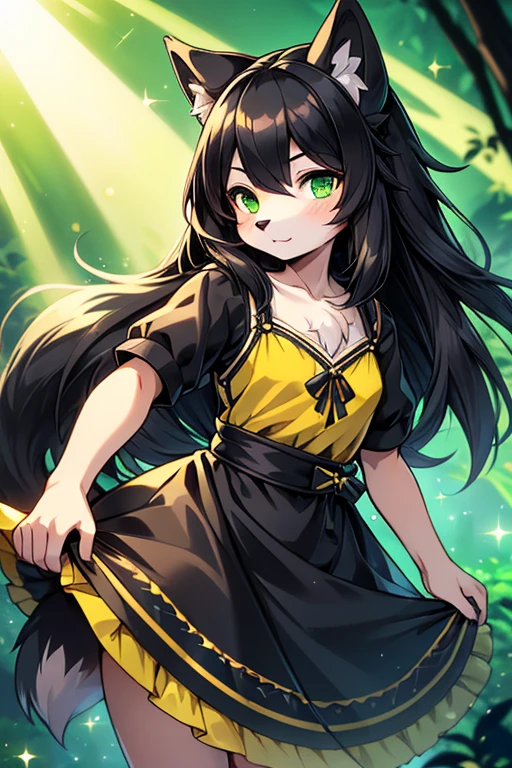 ( Absurdly , High quality , ultra detailed ) ,( hand detailed ) absurdres(highly detailed beautiful face and eyes)perfect anatomy, 1girl, solo, young, (wolf fox) (10-year-old (female black wolf), (flat chest) (bright green eyes), ((black fur, extremely long black hair))) ((wolf girl yellow dress)) Fluffy anthropomorphic wolf fox, Fluffy wolf, wolf tail, Body fur, (detailed eyes) black wolf, yellow cute dress with blue ribbon, pure black fur, yellow dress, dark blue ribbon, short nose, short snout, cute face, young kemono, knee length hair, adorable, cute, looking at viewer ((extremely detailed fur)) (extremely detailed eyes) calm ((adventure clothing (cute dress))), bright green eyes, hair goes down to feet, extremely long hair barefoot, (controlling green fire), sparkles, bright green flames, beautiful background, bright forest background, sunset, yellow dress, dancing