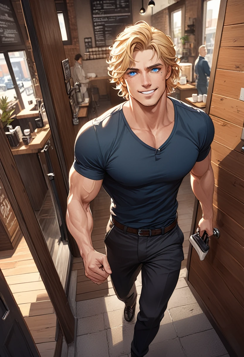 detailed illustration ,dynamic angle, ultra-detailed, detailed eyes, detailed face, 1man, blonde, tall, blue eyes, door, walking in, coffee shop, smiling, strong, russian, tough