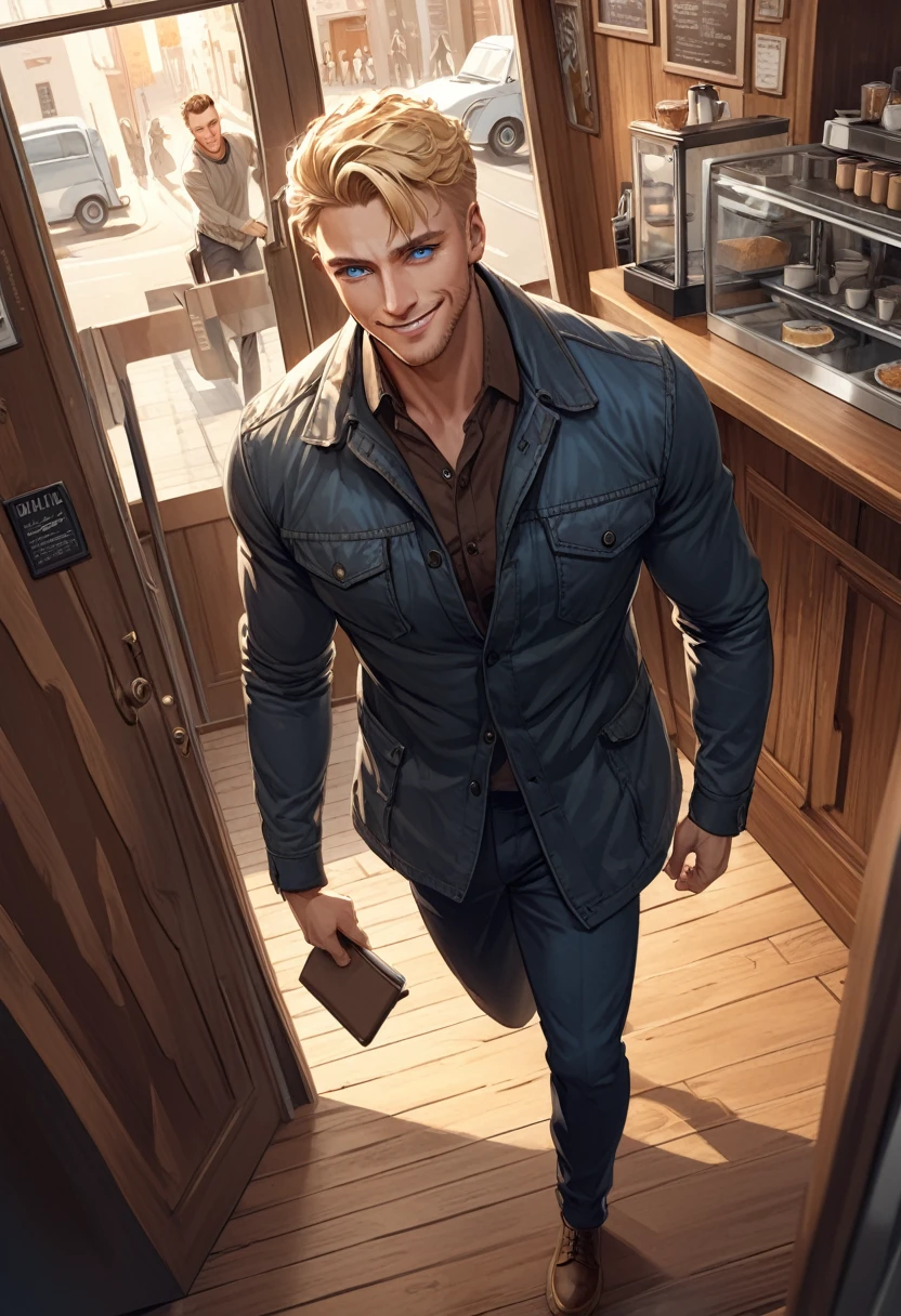 detailed illustration ,dynamic angle, ultra-detailed, detailed eyes, detailed face, 1man, blonde, tall, blue eyes, door, walking in, coffee shop, smiling, strong, russian, tough