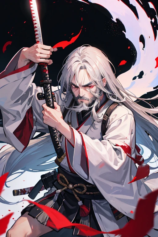 elder man, japanese swordsman, holding Katana, silver long hair, on the sea, blooｄ eyes, beard, wrinkles, blood cothe