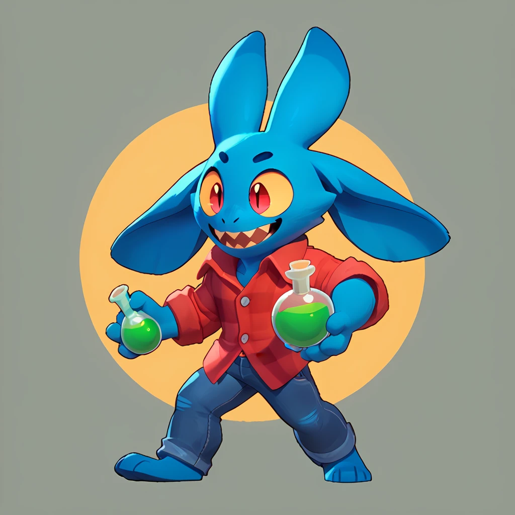 Full body view from a round creature with blue fur, male, long ears, smiling, sharp teeth, wearing jeans, friendly round creature, holding a green potion in his hand