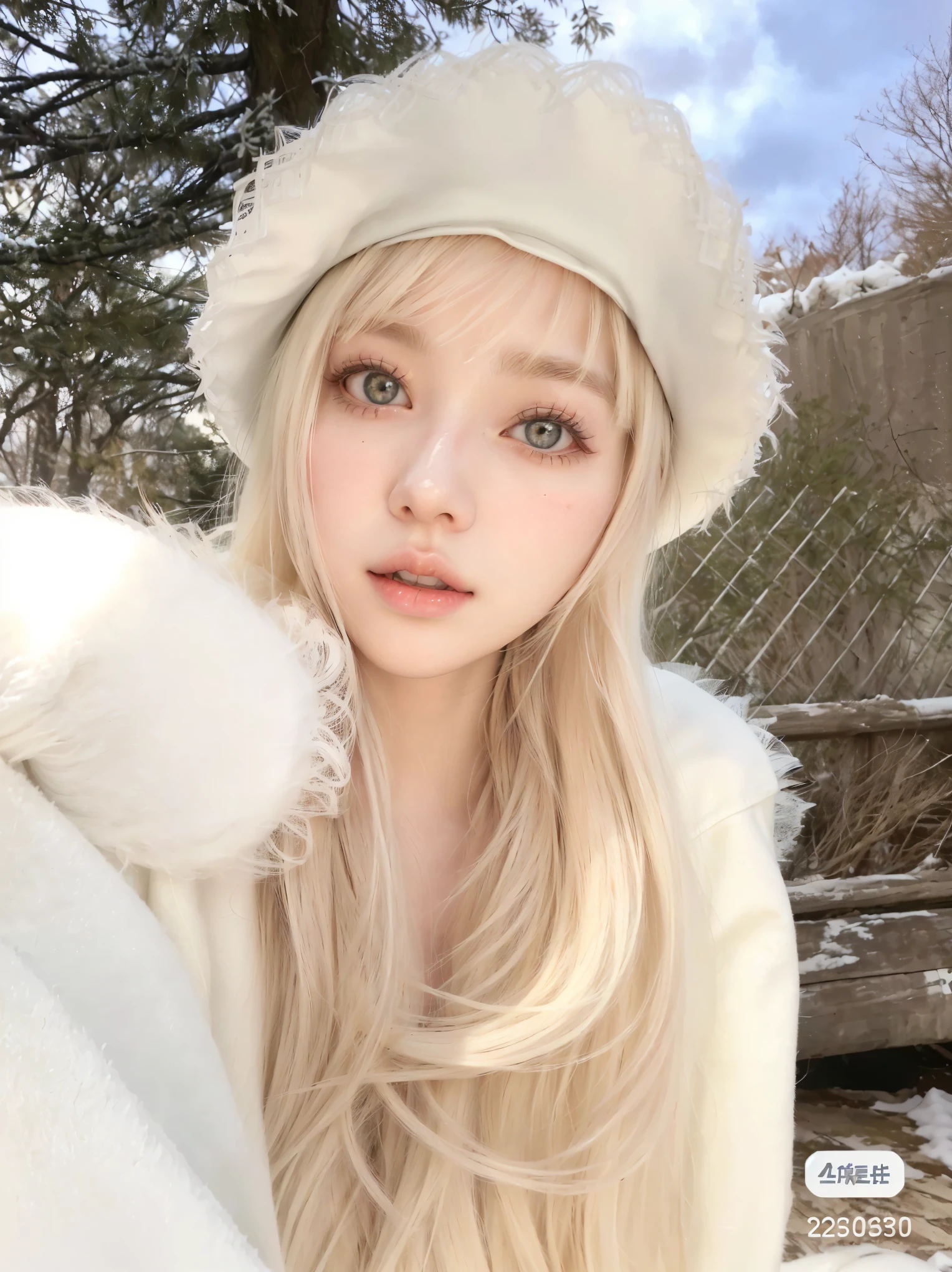 a close up of a woman wearing a white hat and a white coat, lalisa manobal, ulzzang, long blonde hair and big eyes, with white long hair, long white hair and bangs, long blonde hair and large eyes, cute natural anime face, lalisa manoban of blackpink, with long white hair, white hime cut hairstyle