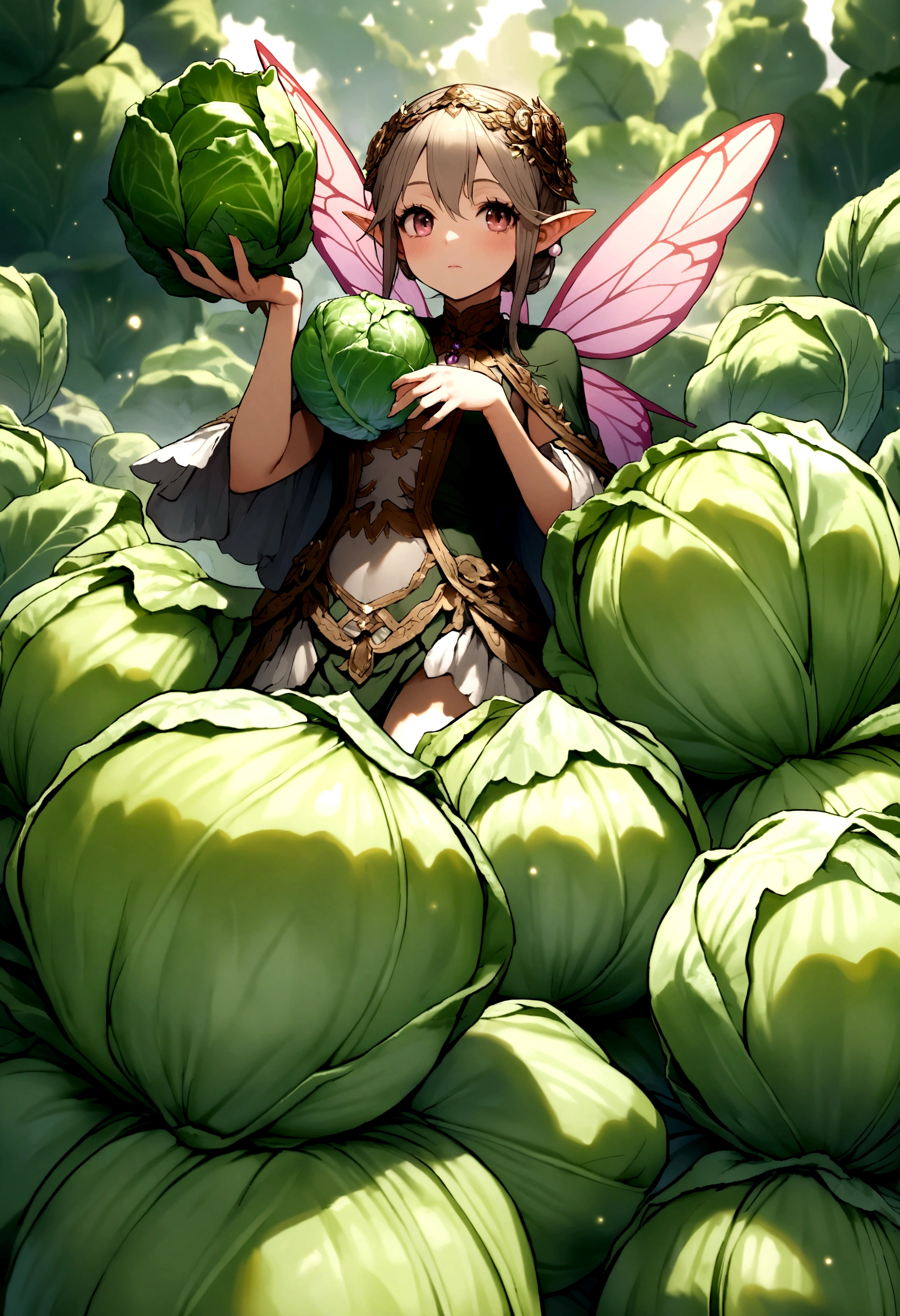 a fairy flying over a pile of cabbages, holding one cabbage on her hand
