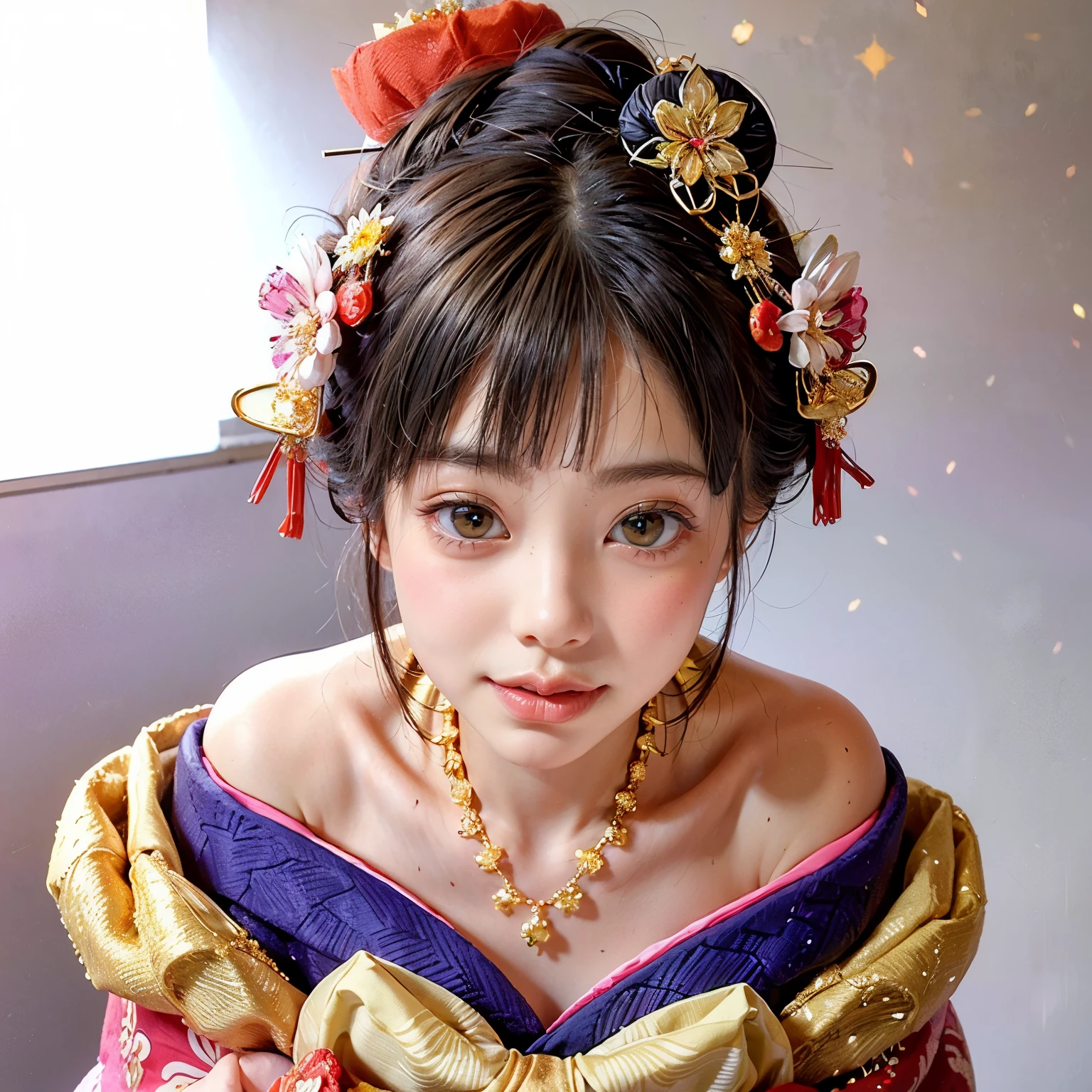 (PUNIPUNI offshoulder KIMONO offshoulder KANZASHI flowers Hairpin Twin bun Oiran-Hair)High-level, 8K Masterpiece TopQuality, Ultra-detailed CG, Absurd detailed wallpaper, PerfectLighting, Extremely detailed (((Personifying " Oiran " as a KAWAII Girl))), Characteristic Items, aesthetic LifeLike Rendering, MysticSight, Haze Tyndall Scattering, (Studio GRAY Background with (Oodles Dazzling Iridescent Particles (bokeh))), (((Assfocus)) RoundlyButt) ThighGap, (Exposed:0.44) 🔞 BREAK (Acutance:0.8), (NOGIZAKA FaceVariations) Extremely Detailed very KAWAII FaceVariations, Childish CaptivatingGaze ElaboratePupils Detailed Eyes with (SparklingHighlights:1.28), (Voluminous LongEyelashes:0.88)、Glossy RedLips with beautiful details, CoquettishTongue, RosyCheeks, Radiant PearlSkin with Transparency, Glowing DowneyHair . { (Dynamic LifeLike expressions:1.4) | (:d) }, (large eyes:-1) .