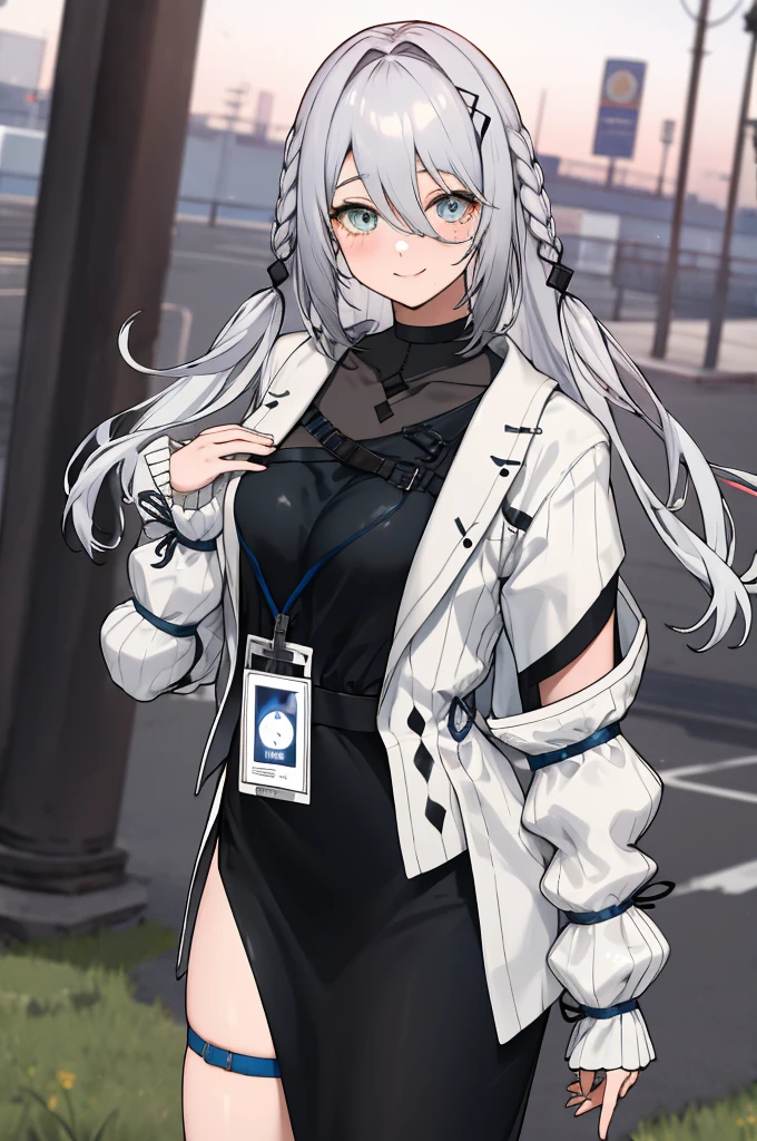 masterpiece, best quality, highres, aasophia, long hair, braid, hair ornament, see-through, black shirt, id card, white jacket, long sleeves, sleeves past wrists, belt, black skirt, long skirt, side slit, thigh strap, standing, cowboy shot, outdoors, smile,big breasts