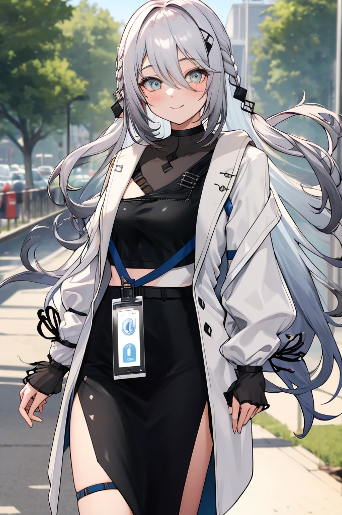 masterpiece, best quality, highres, aasophia, long hair, braid, hair ornament, see-through, black shirt, id card, white jacket, long sleeves, sleeves past wrists, belt, black skirt, long skirt, side slit, thigh strap, standing, cowboy shot, outdoors, smile,big breasts