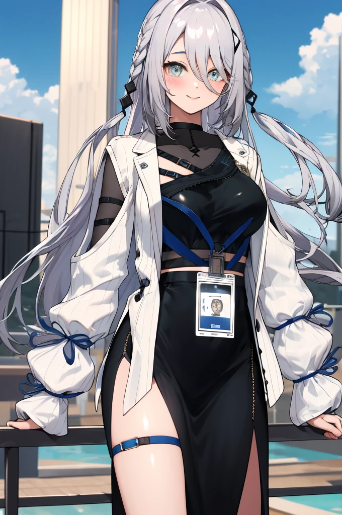 masterpiece, best quality, highres, aasophia, long hair, braid, hair ornament, see-through, black shirt, id card, white jacket, long sleeves, sleeves past wrists, belt, black skirt, long skirt, side slit, thigh strap, standing, cowboy shot, outdoors, smile,big breasts