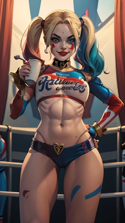Harley Quinn, face paint, beautiful face, young girl face,, blue graslim athletic body, toned abs, small breasts A cup, toned thighs, cameltoe, big round ass, Harley Quinn outfit, head to toe, circus show in background